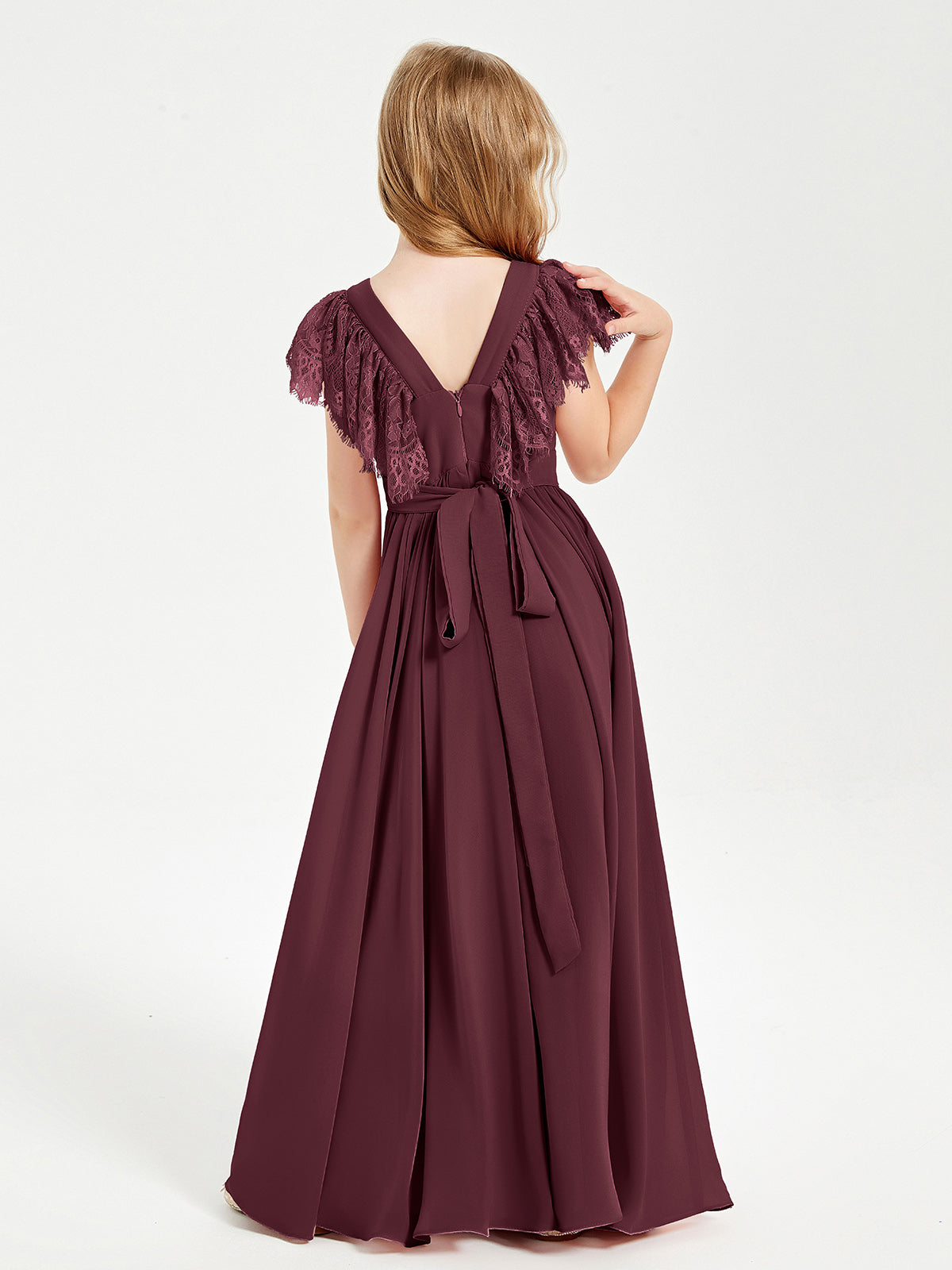 Chiffon Junior Bridesmaid Dresses with Lace Flutter Sleeves Cabernet